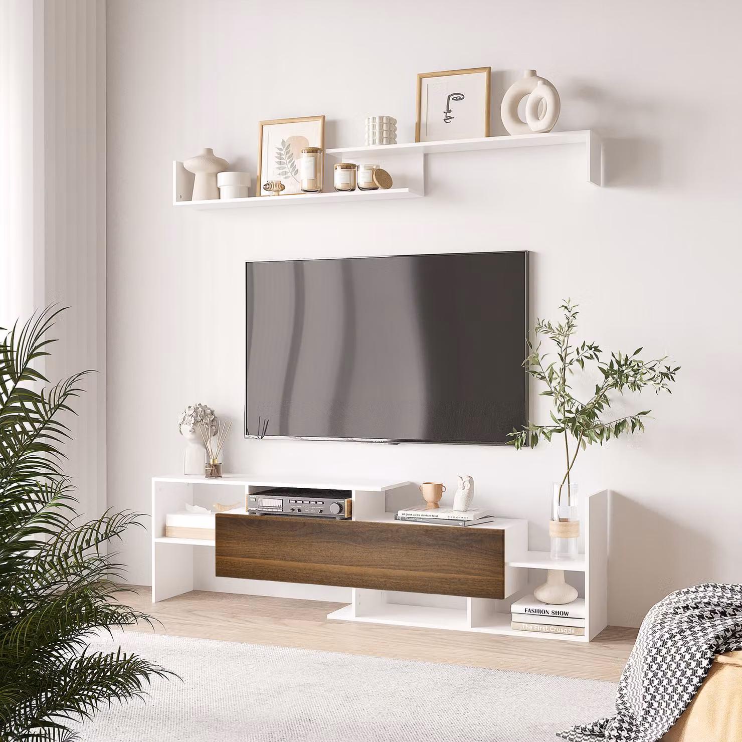 Mobile TV Moderno HOMCOM con Mensola a Muro, Ripiani Aperti e Armadietto Chiuso in MDF, Bianco e Marrone per Salotto e Camera da Letto – 2