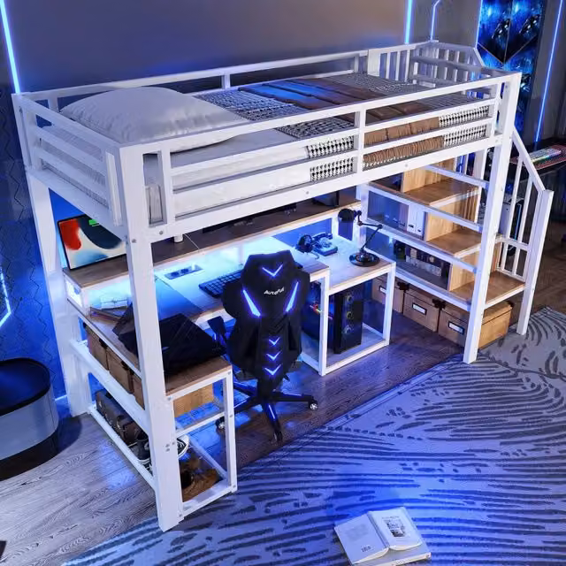 Letto a soppalco singolo 90 × 200 cm con LED regolabile, USB, scrivania e ripiani, senza materasso, bianco