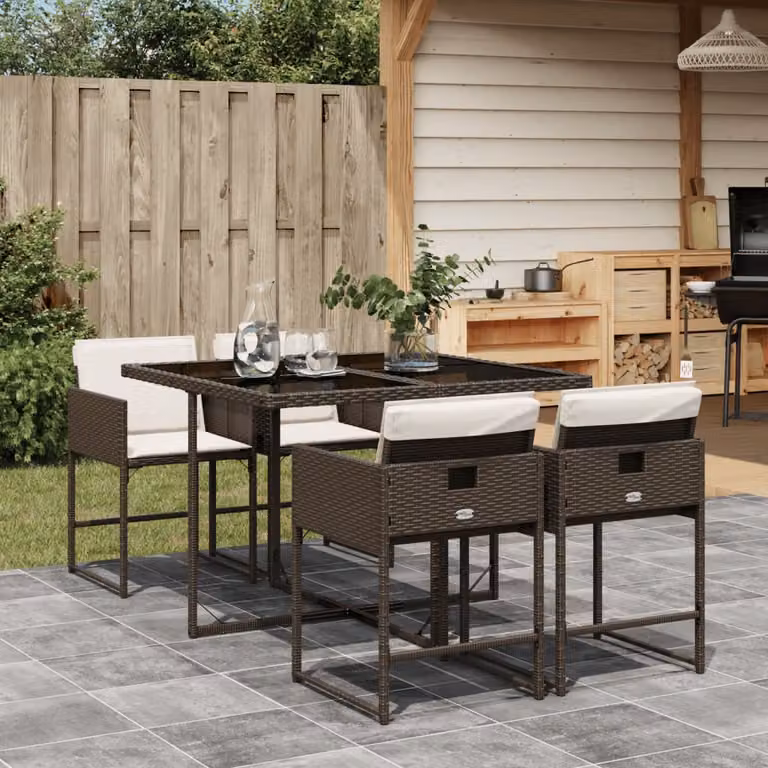 Set da Pranzo da Giardino vidaXL in Polyrattan e Metallo con Piano in Vetro e 5 Cuscini, Marrone e Nero