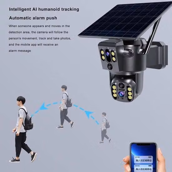 Camera di sicurezza esterna 4K 8MP con doppia lente, visione notturna a colori, rilevamento umanoide e intercom a due vie, modello solare con tecnologia WiFi e protezione IP55, colore nero