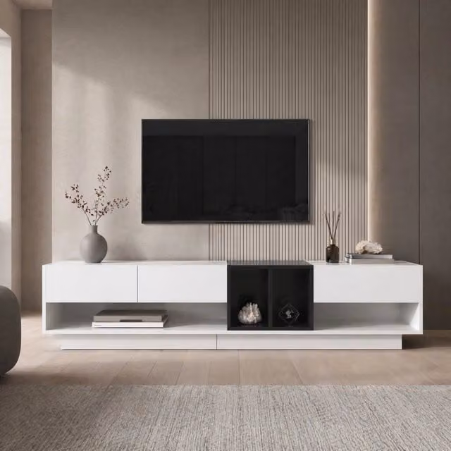 Mobile TV Mivray per soggiorno moderno in MDF bianco e nero lucido L: 190 cm, P: 40 cm, H: 42 cm