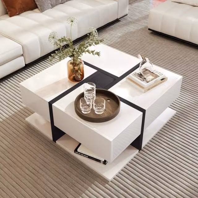 Tavolino da salotto quadrato con 4 cassetti e ripiano inferiore lucido in truciolare bianco, 78 × 78 × 36 cm