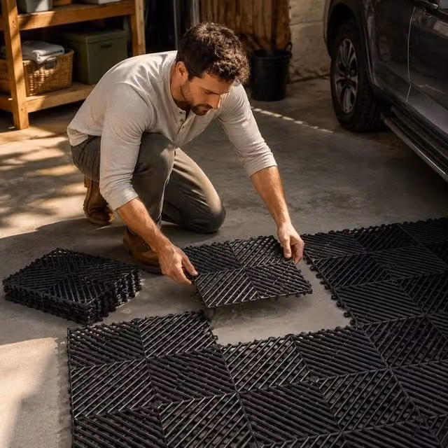 Set Di Tappetini Di Drenaggio Ad Incastro 55 Pezzi, Set Di Piastrelle 31 X 31 Cm Per Pavimentazioni Da Garage Antiscivolo Materiale In PP Modulare Da Garage Officina Cucina Piscina, Nero