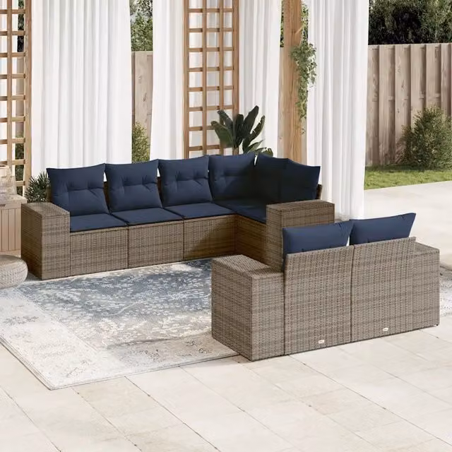 Set Divani da Giardino 7 pz con Cuscini Grigio in Polyrattan 3222810