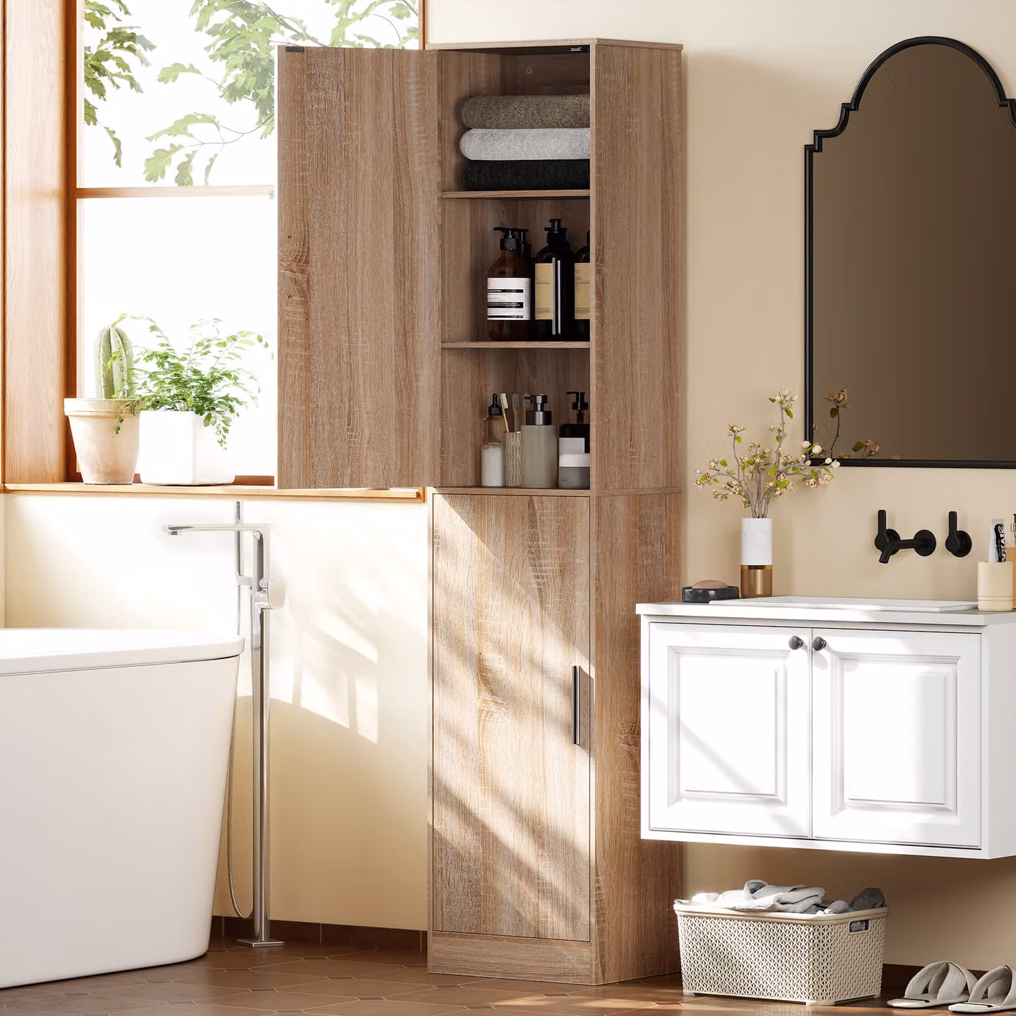 Colonna mobile da bagno HOMCOM in legno marrone con 2 armadietti e 6 ripiani regolabili, L 40 cm x P 35 cm x H 180 cm – 2