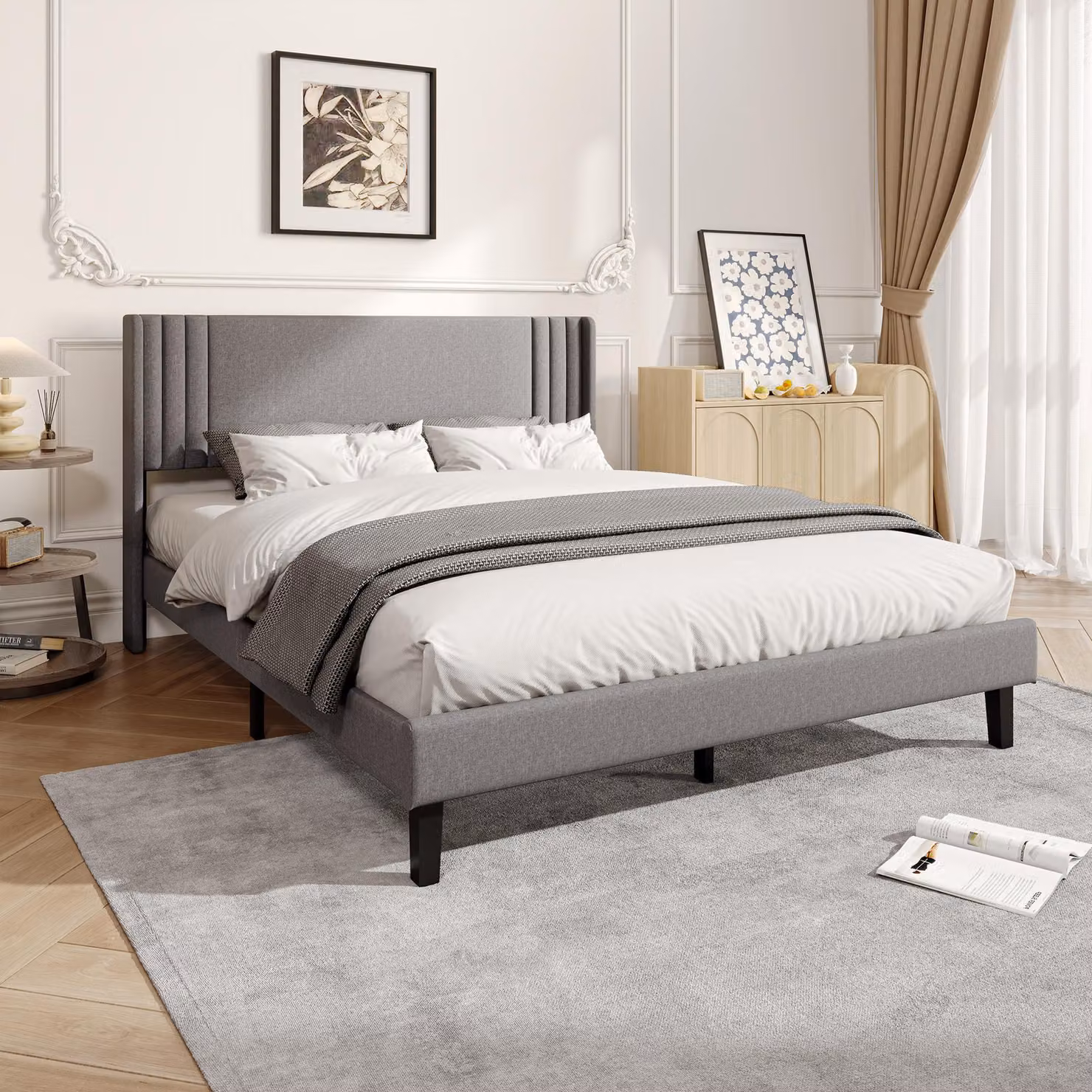 Letto imbottito 140x200 cm con rete a listelli, alta testiera imbottita, struttura in metallo, rivestito in lino grigio, con 15 cm di spazio libero dal pavimento, capacità di carico fino a 363 kg, senza materasso