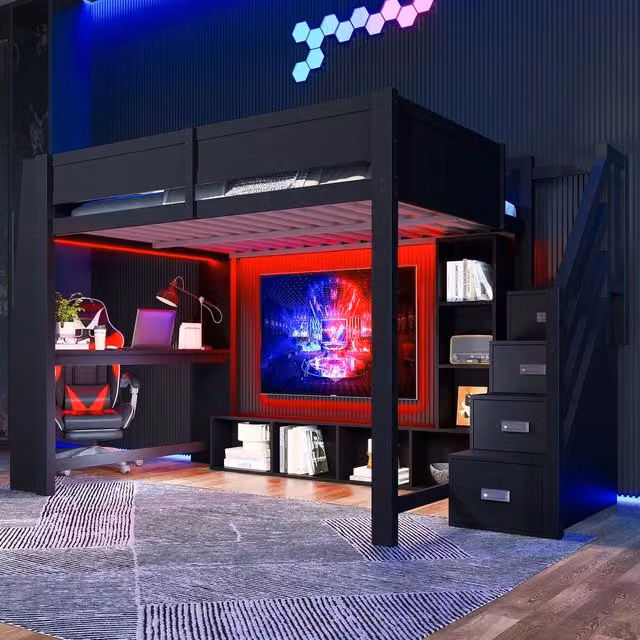 Letto a soppalco ¨C Minimal ¨C 140x200 cm nero legno con scrivania cassetti led