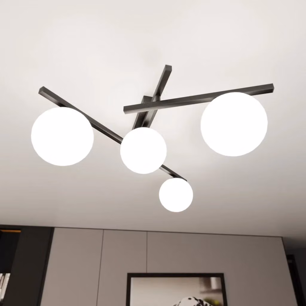 Plafoniera Moderna Tefnet con 4 Luci a Sfera in Vetro Opale Bianco e Metallo Nero con Bracci Regolabili – 2