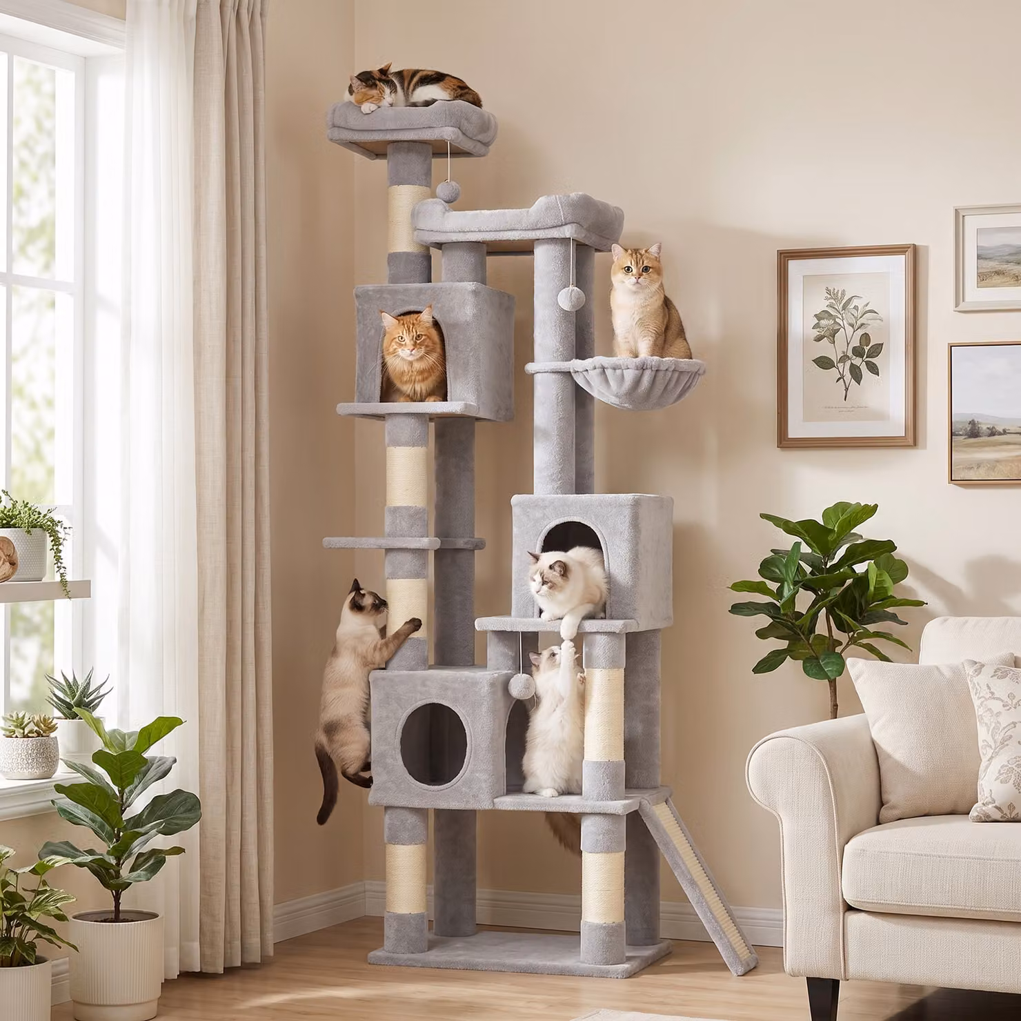 Albero Tiragraffi per Gatti PawHut Alto 200 cm con 6 Pali in Sisal, 2 Cucce, 3 Casette e Amaca, Grigio Chiaro – 2