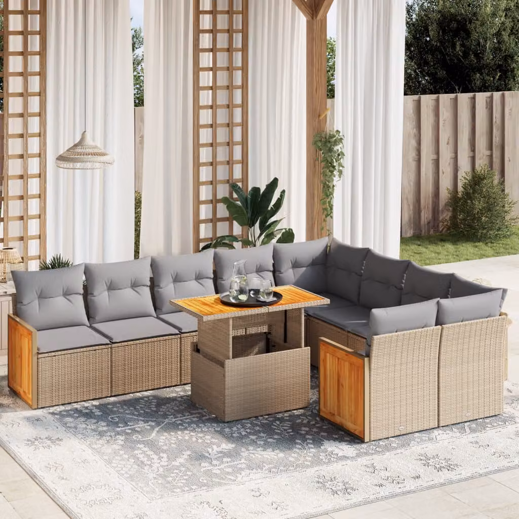 Set Divano da Giardino vidaXL 10 pz con Cuscini Beige e Tavolino in Polyrattan e Legno di Acacia – 1