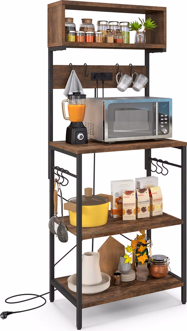 Scaffale da cucina COSTWAY con presa, scaffale in piedi con ripiani aperti e 10 ganci per appendere, scaffale industriale per microonde con struttura in acciaio 60 x 42 x 153 cm