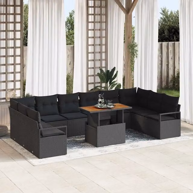 Set Divano da Giardino vidaXL a Forma a U con 11 Pezzi, Colore Nero e Marrone, Struttura in Acciaio e Legno di Acacia con Cuscini Inclusi – 1