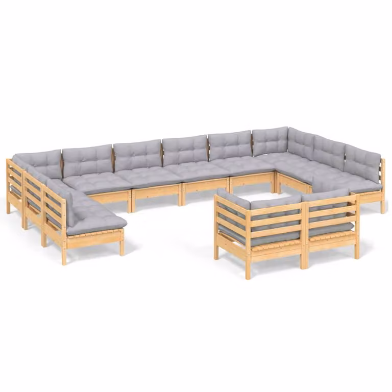 Set Divani da Giardino 12 pz con Cuscini Grigi Massello di Pino