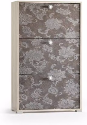 Scarpiera IPERBRIKO con 3 ante a ribalta in finitura Olmo e decoro floreale, capacità 18 paia di scarpe, L 67 x H 112 x P 28 cm