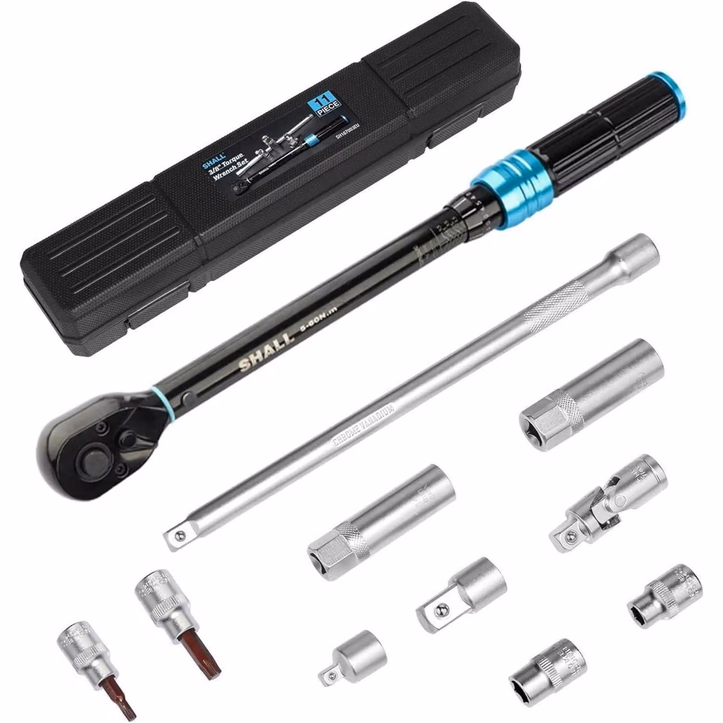 Set di chiavi dinamometriche a 3/8 di pollice, composto da 11 pezzi, con coppia da 5 a 60 Nm, 72 denti, realizzate in acciaio cromo-vanadio, completo di accessori