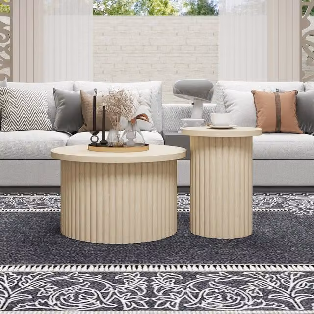 Set di 2 tavolini da caffè rotondi MINIMAL in legno naturale e beige per il tuo soggiorno con design moderno