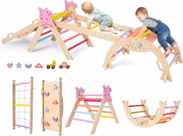 Set triangolo per arrampicata pieghevole per bambini con tunnel colorato in legno e tessuto