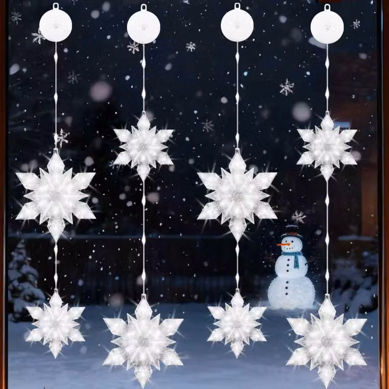 Set di 4 catene luminose a LED a forma di fiocchi di neve, con 92 LED, timer e grado di protezione IP44