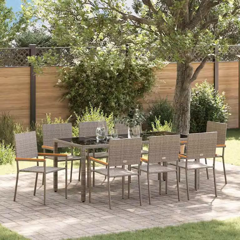 Set da pranzo per giardino vidaXL in polyrattan e vetro da 9 pezzi, colore grigio e marrone con piano in legno di acacia