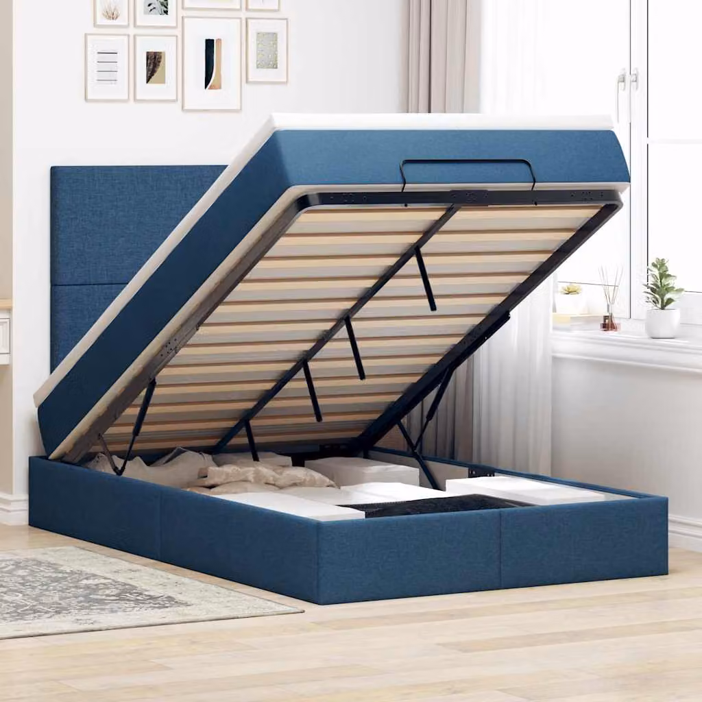 Letto moderno vidaXL con base a sollevamento, materasso a molle e illuminazione sottostante, colori blu e bianco, L/P/H: 120 x 200 x 128 cm
