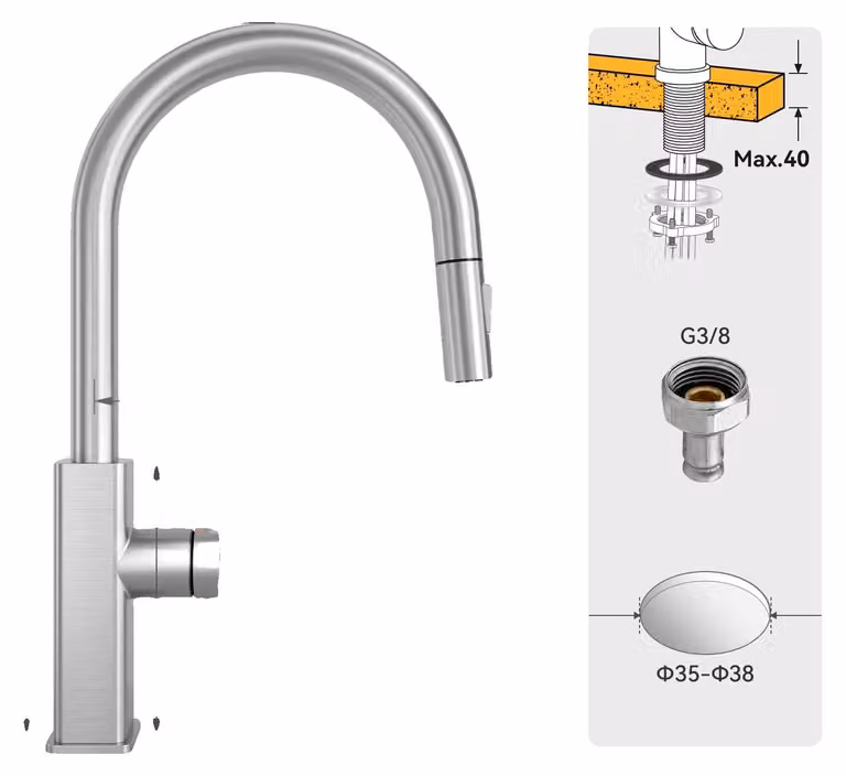Rubinetto da cucina, con doccetta estraibile, miscelatore monocomando, cromato, attacco G3/8