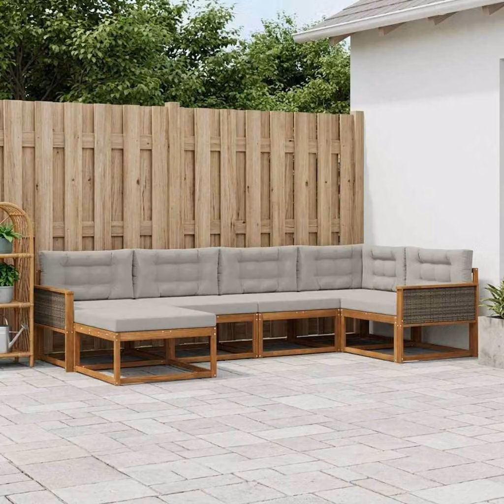 vidaXL Set di divani da esterno a L in legno di acacia con cuscini, 6 pezzi, Beige e Grigio