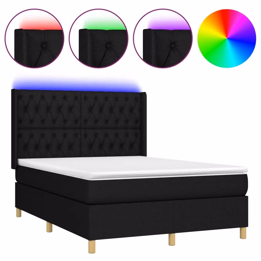 vidaXL Letto a Molle con Materasso e Illuminazione LED Nero in Tessuto L/P/H: 200 x 140 x 128 cm – 2