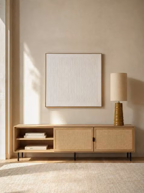 Mobile TV Essie Kenay Home in legno, rattan e metallo, colore beige, L: 160 cm, P: 46 cm, H: 2 cm