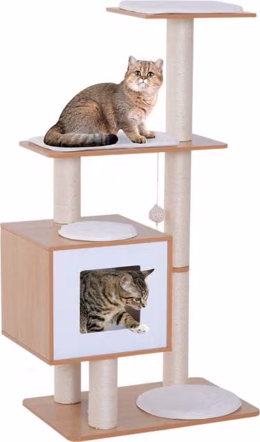 Albero Tiragraffi per Gatto Aosom con Cuccia, Piattaforme e Giochi in Sisal e Legno, Bianco, L/P/H: 60 x 40 x 120 cm