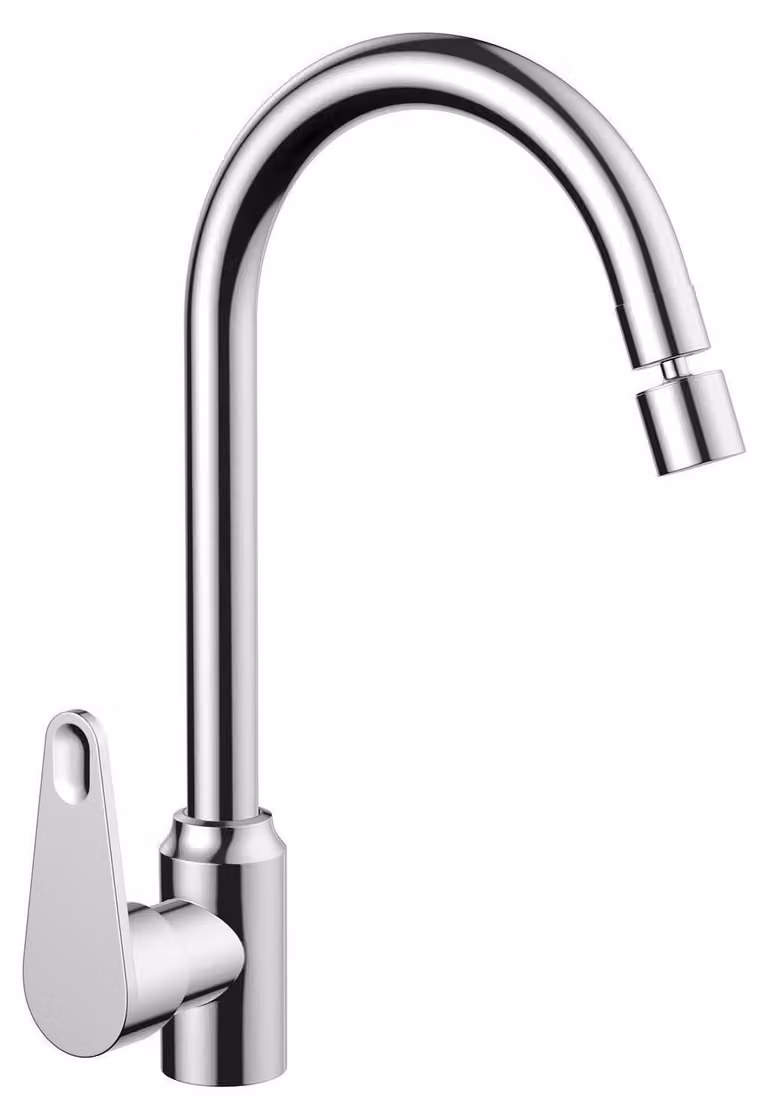 Miscelatore monocomando per cucina, girevole a 360°, colore argento, in ottone, per lavello