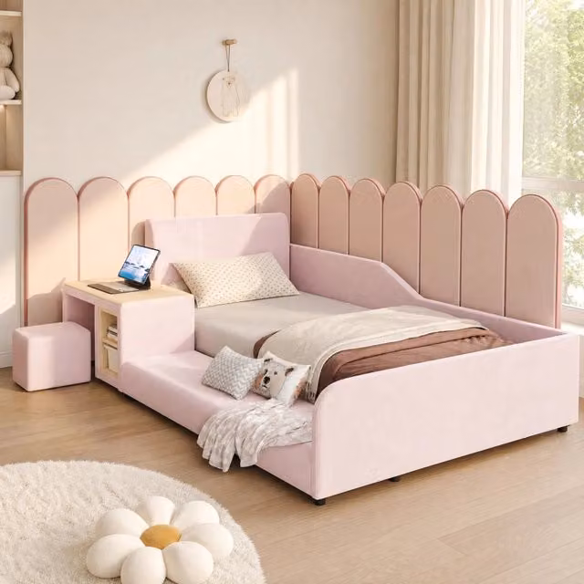 Letto imbottito rosa 90x200 cm con scrivania, sgabello e ripiano