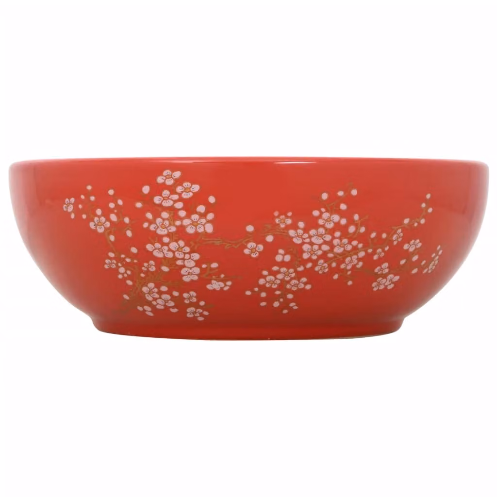 Lavabo da Appoggio Bianco e Rosso Rotondo Φ41x14 cm Vetroceramica