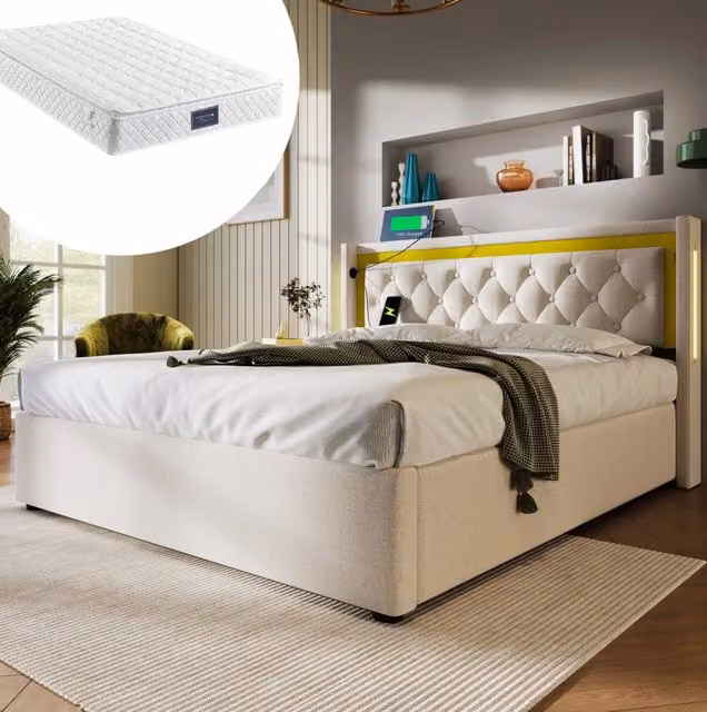 Letto matrimoniale contenitore 140x200 cm con LED e ricarica USB Type-C; beige chiaro; con materasso