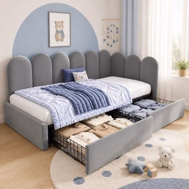 Letto singolo imbottito a L in velluto con 2 cassetti 90x200 cm grigio