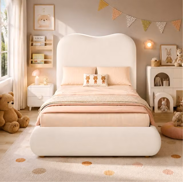 Letto singolo imbottito per bambini 90x200 cm con contenitore idraulico, testiera in velluto beige e rete a doghe