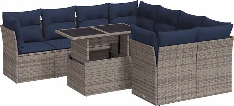 Set Divano da Giardino 9pz con Cuscini Grigio Polyrattan Acacia