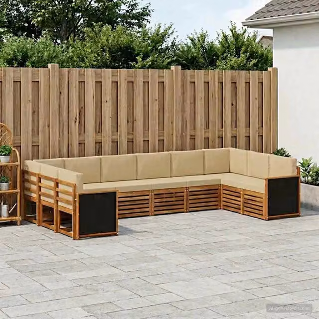 Set di divani da esterno a L vidaXL in legno di acacia con cuscini beige, 7 pezzi