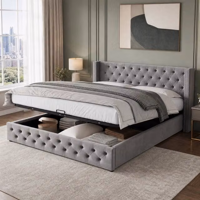 Letto matrimoniale 140x190 cm con contenitore, rivestimento in flanella grigia, apertura idraulica e base in tessuto non tessuto impermeabile nero
