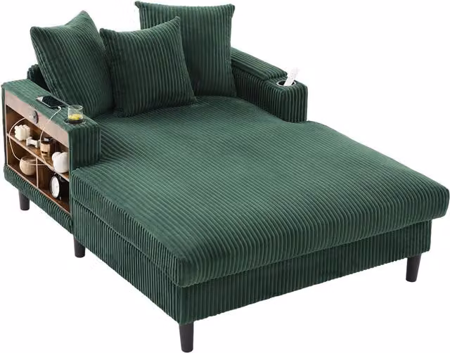 Chaise longue moderna a L in velluto verde con illuminazione LED e porta bicchieri Aosom Italy L/P/H: 170 x 129 x 70 cm