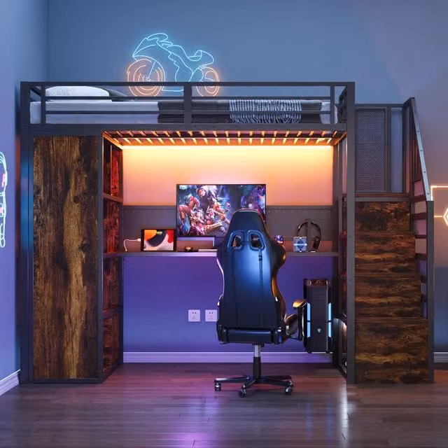 Letto a soppalco singolo 90×200 cm con scrivania, armadio, LED e scala contenitore, senza materasso, nero