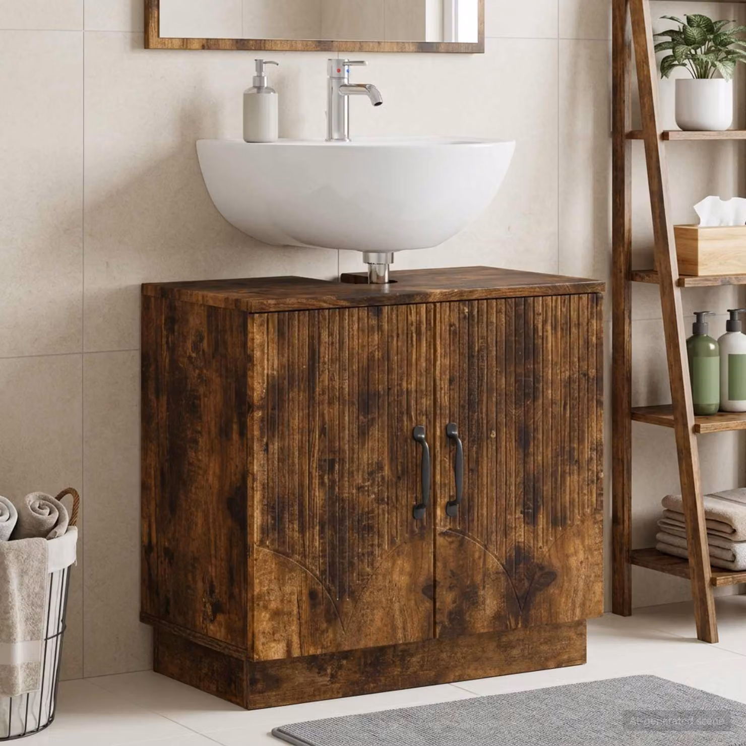 Armadio per lavabo da bagno vidaXL HOORN Rovere Fumo con ante a battente, colore marrone e nero, finitura opaca