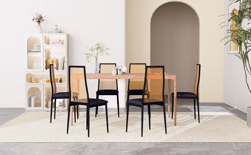 2PCS sedia da pranzo in rattan nero con struttura in legno e design naturale, ideale per cucina e sala da pranzo
