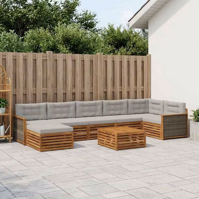vidaXL Set di divani da esterno a L composto da 8 pezzi in legno di acacia con cuscini, colore marrone e grigio