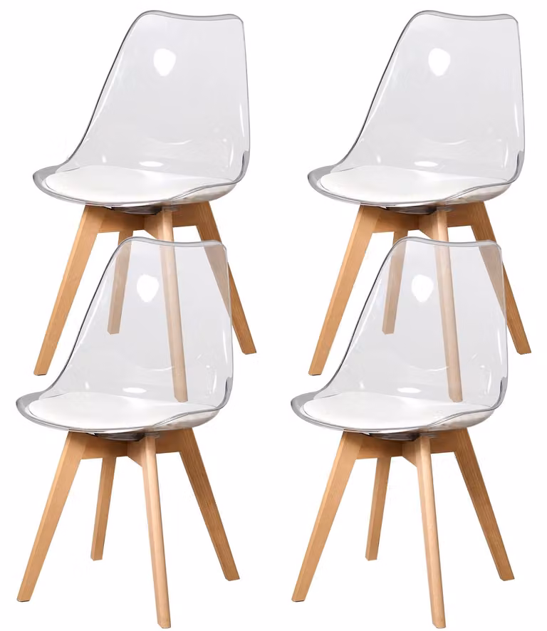 Set di 4 sedie da pranzo - Sedie imbottite trasparenti - Seduta in plastica acrilica - Cuscino per seduta in poliuretano - Gambe in legno di faggio - Design moderno, adatte per cucina e soggiorno - Colore: bianco