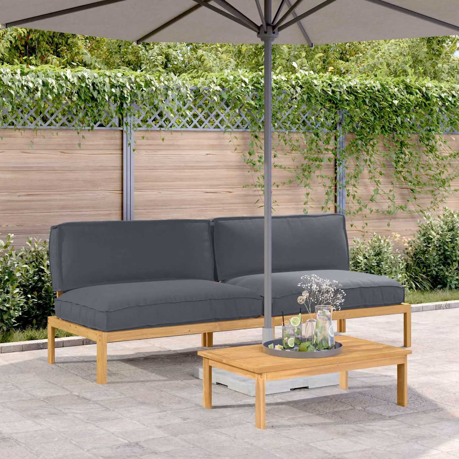 vidaXL Set di divani da giardino in legno di acacia con cuscini Antracite L: 240 cm, P: 92 cm, H: 69 cm