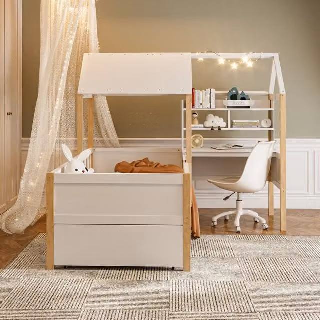 Letto a castello singolo REDOM per bambini bianco con scrivania, libreria e cassetti, L/P/H: 200 x 90 x 205 cm