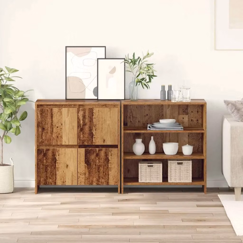 Set di 2 Credenze Madia Buffet in Legno Multistrato Colore Legno Vecchio L: 70 cm, P: 41 cm, H: 75 cm – 2