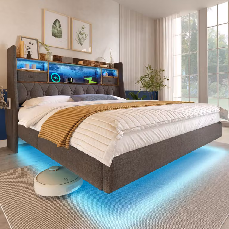 Letto sospeso 140 x 200 cm con striscia LED, testiera con spazio contenitore, base di ricarica con tre porte USB e una porta di tipo C, rete a doghe, colore grigio lino