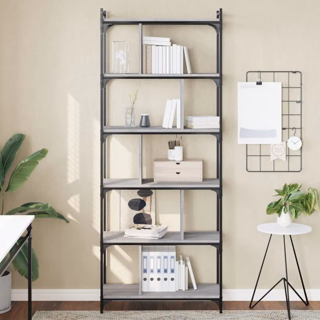 Libreria Industrial vidaXL in Legno e Metallo con 6 Ripiani, Grigio, L 76 cm x P 32 cm x H 192 cm