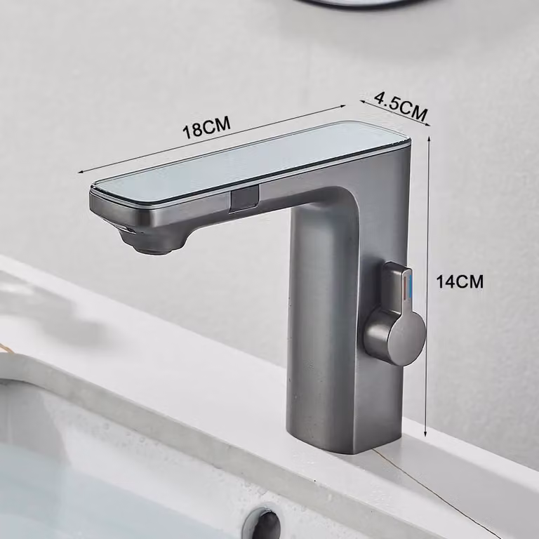 Miscelatore intelligente per lavabo – Rubinetto con sensore – Funzionamento senza contatto – Acqua calda e fredda – Monocomando, monoblocco, montaggio a incasso – Grigio